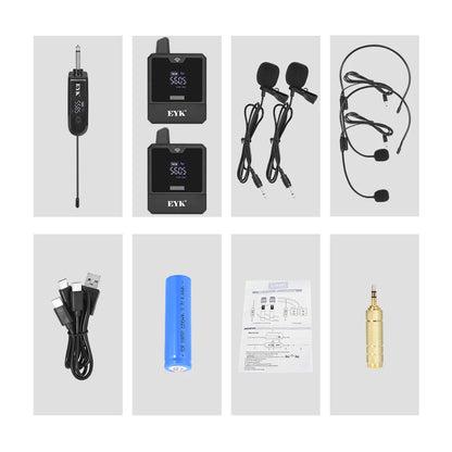 EYK EW102 Dual Channels Wireless Headset Microphone UHF Lavalier Mic Rechargeable for Teaching Speech Interview Live Recording