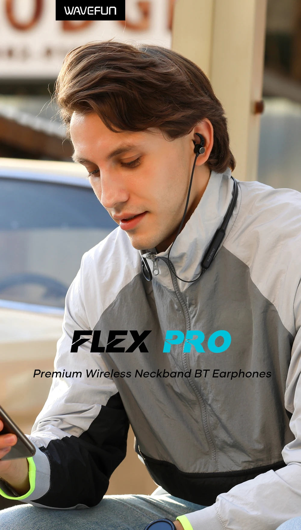 Wavefun Flex Pro Ultimate Quick Charging Bluetooth Earphone V5.3 Wireless Headphones Neckband Stereo Earbuds TWS Mode with Mic