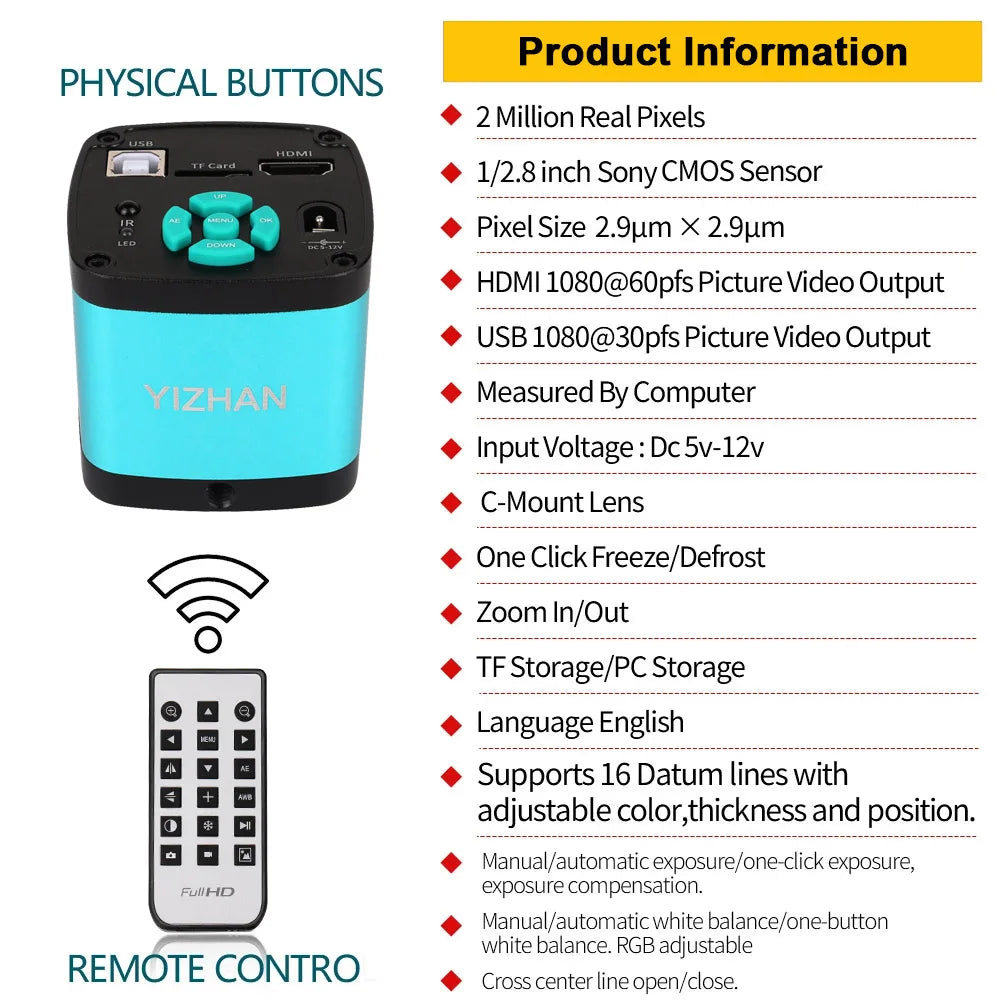 YIZHAN 130X Lens C-mount Digital Microscope for Electronics 4K 1080P HD Industrial Cameras 60MP 48MP HDMI USB VGA Repair Tools