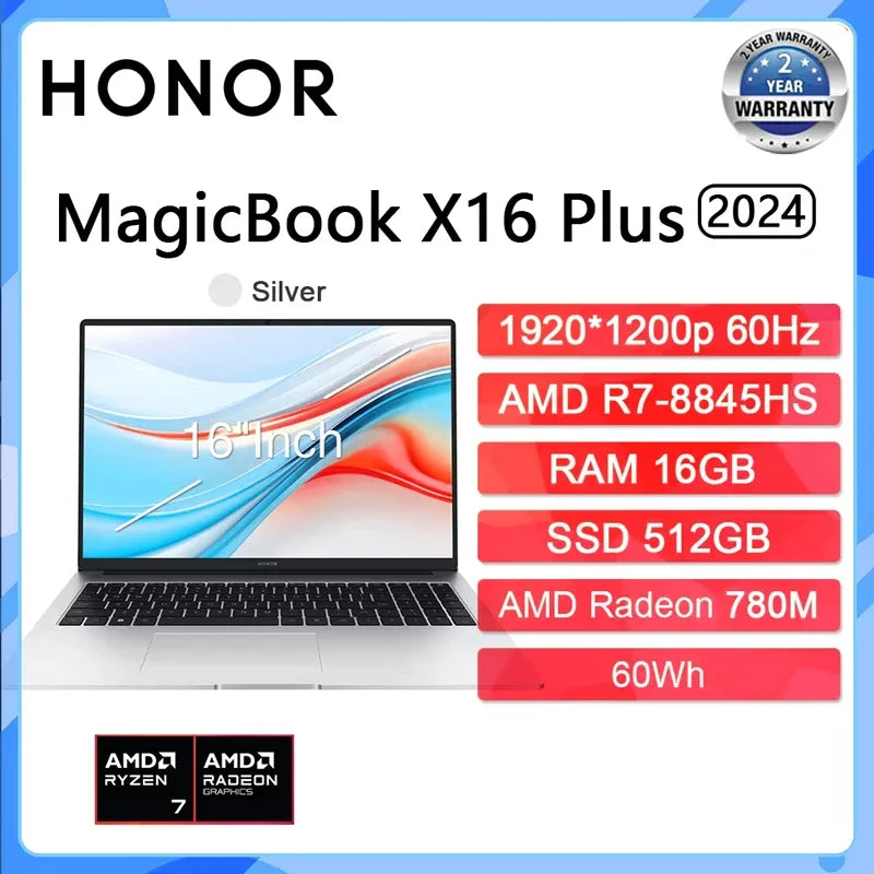 New HONOR Laptop MagicBook X16 Plus 16"Inch 2.5K 120Hz AMD Ryzen R7 8845HS 16/32GB 512GB/1TB Computer PC Notebook Ultrabook