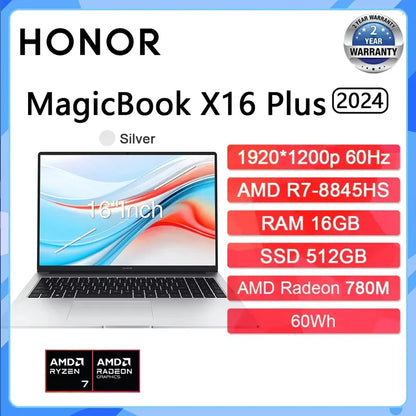 New HONOR Laptop MagicBook X16 Plus 16"Inch 2.5K 120Hz AMD Ryzen R7 8845HS 16/32GB 512GB/1TB Computer PC Notebook Ultrabook