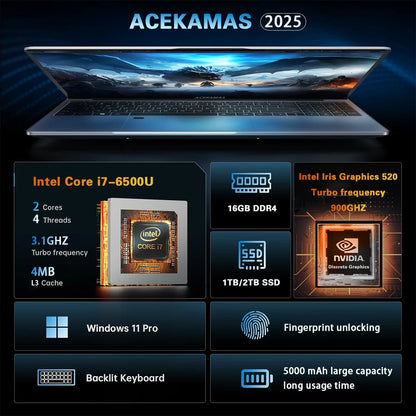 ACEKAMAS 15.6" Intel Core i7 6500U i3 6100U Laptop Computer Windows 11 Pro 16GB DDR4 1TB SSD Notebook PC Portable Laptops Gaming
