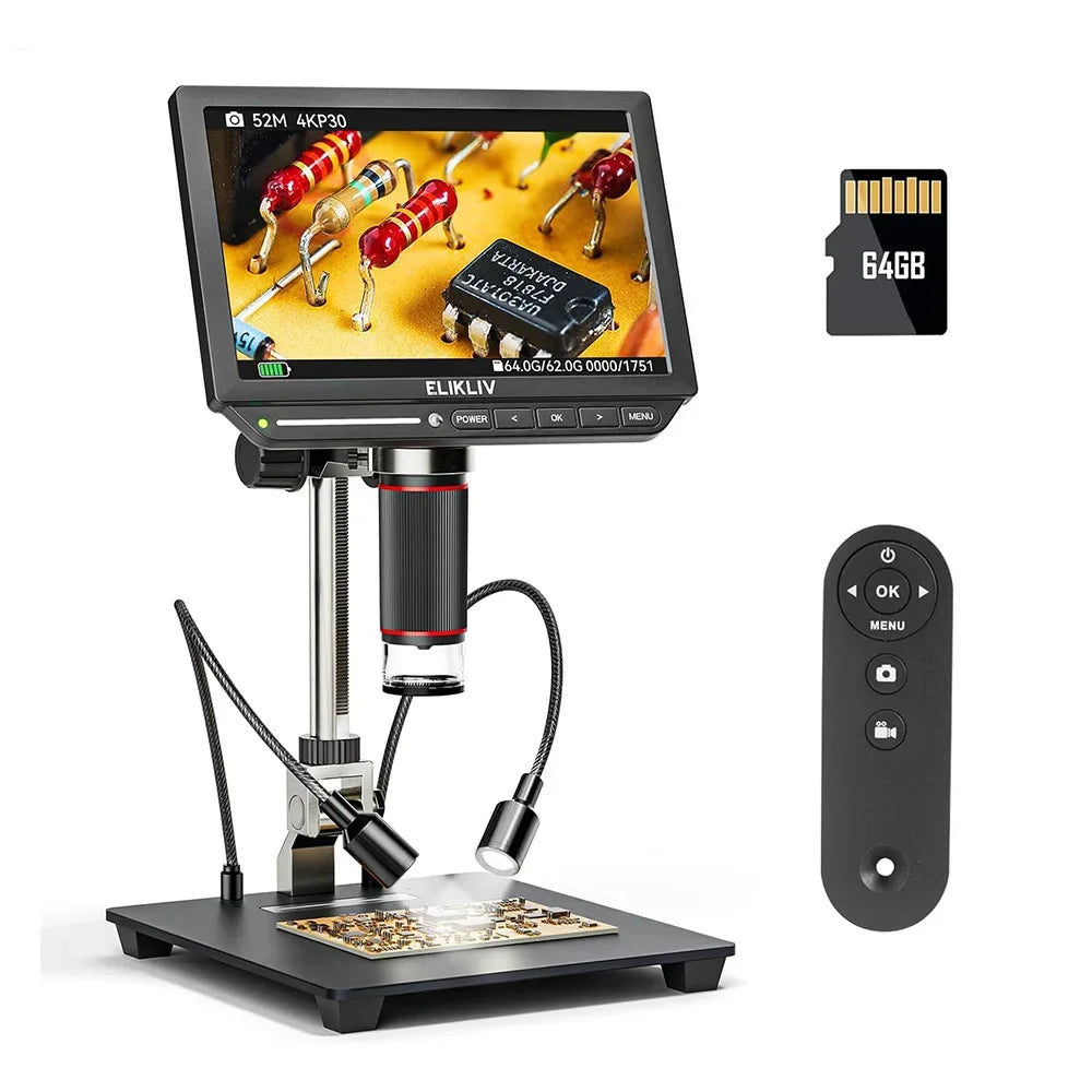 Elikliv EM4K 4K HDMI Digital Microscope for Electronics 8" 2000X Soldering Microscope for PCB Inspection Repair with 10" Stand