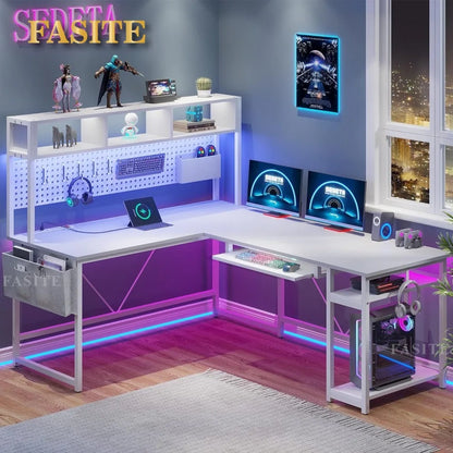 L Shaped Gaming Desk, Reversible Computer Desk with Power Outlet and Pegboard, Gaming Desk with Led Lights, Keyboard Tray