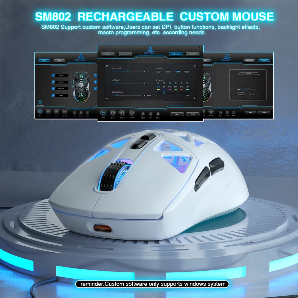 SOLAKAKA SM802 TRI-MODE Wireless Mouse Customized 10000DPI Macro Replaceble Switch RGB Heneycemb Ergonomic Mouse 63g Ultra-light