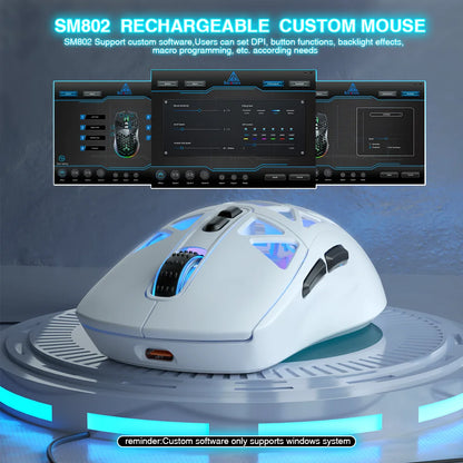 SOLAKAKA SM802 TRI-MODE Wireless Mouse Customized 10000DPI Macro Replaceble Switch RGB Heneycemb Ergonomic Mouse 63g Ultra-light