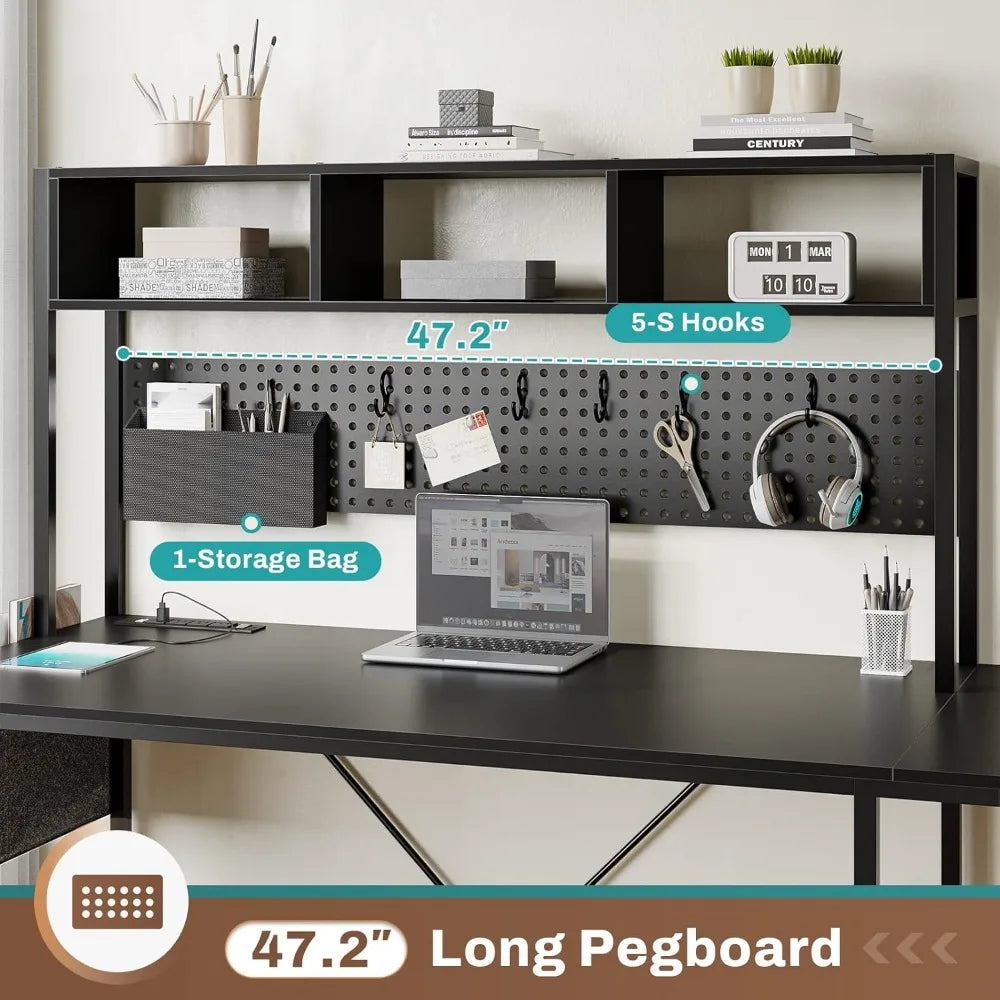L Shaped Gaming Desk, Reversible Computer Desk with Power Outlet and Pegboard, Gaming Desk with Led Lights, Keyboard Tray and S