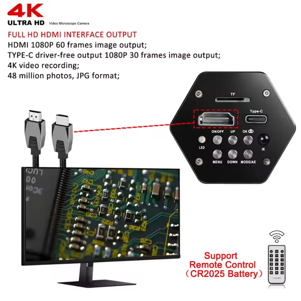 4K 48MP Electronics Digital Microscope Full HD 1080P HDMI USB Video Camera 150X Zoom Lens For Welding PCB Soldering Repair Phone