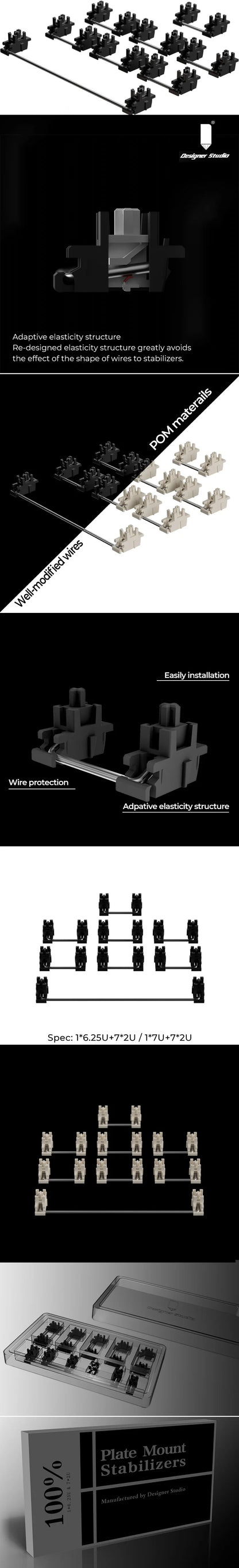 Designer Studio Plate Mounted Stabilizer for Gaming Mechanical Keyboard POM 2u 6.25u 7u Wire Protection Black Beige