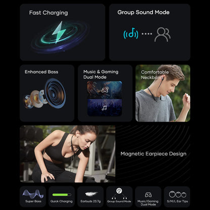 Wavefun Flex Pro Ultimate Quick Charging Bluetooth Earphone V5.3 Wireless Headphones Neckband Stereo Earbuds TWS Mode with Mic