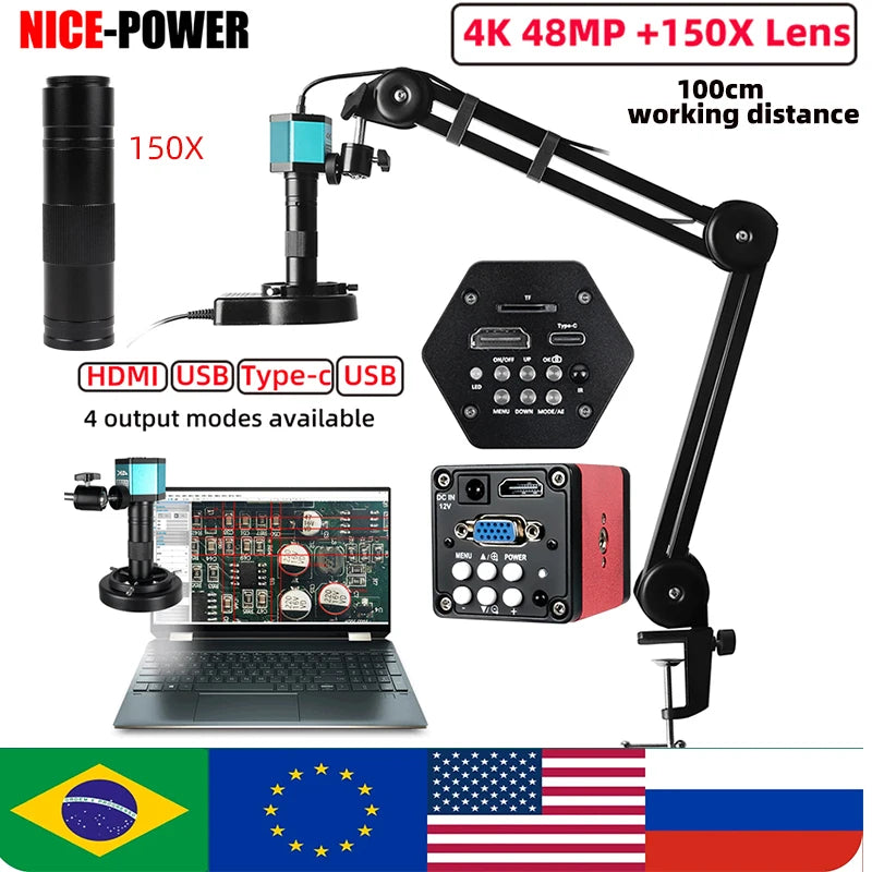 4K 48MP Electronics Digital Microscope Full HD 1080P HDMI USB Video Camera 150X Zoom Lens For Welding PCB Soldering Repair Phone