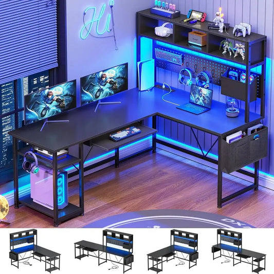 57.5 L-Shaped Gaming Desk with Storage, LED Lights, Power Outlet, and Keyboard Tray in Black