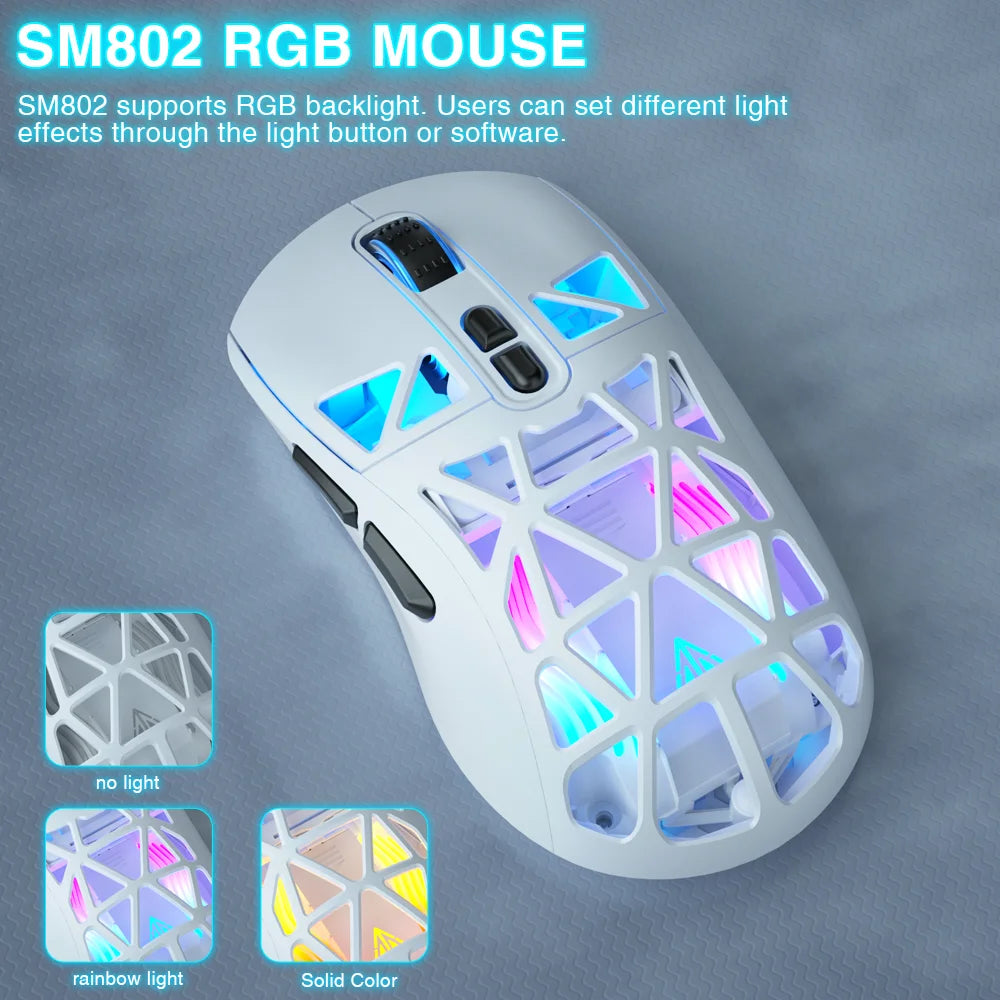 SOLAKAKA SM802 TRI-MODE Wireless Mouse Customized 10000DPI Macro Replaceble Switch RGB Heneycemb Ergonomic Mouse 63g Ultra-light