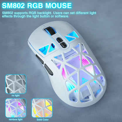 SOLAKAKA SM802 TRI-MODE Wireless Mouse Customized 10000DPI Macro Replaceble Switch RGB Heneycemb Ergonomic Mouse 63g Ultra-light