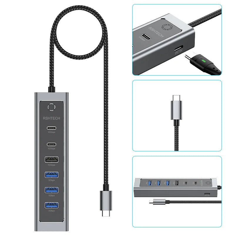 RSHTECH USB C Hub 7-Port USB 3.2 Gen2 Splitter with 5 USB-A & 2 USB-C Data Ports Aluminum USB Extension Data Hubs for PC Laptop