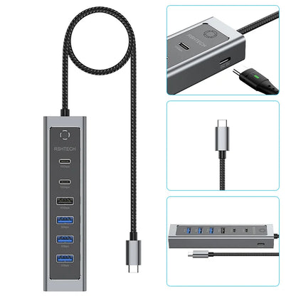RSHTECH USB C Hub 7-Port USB 3.2 Gen2 Splitter with 5 USB-A & 2 USB-C Data Ports Aluminum USB Extension Data Hubs for PC Laptop