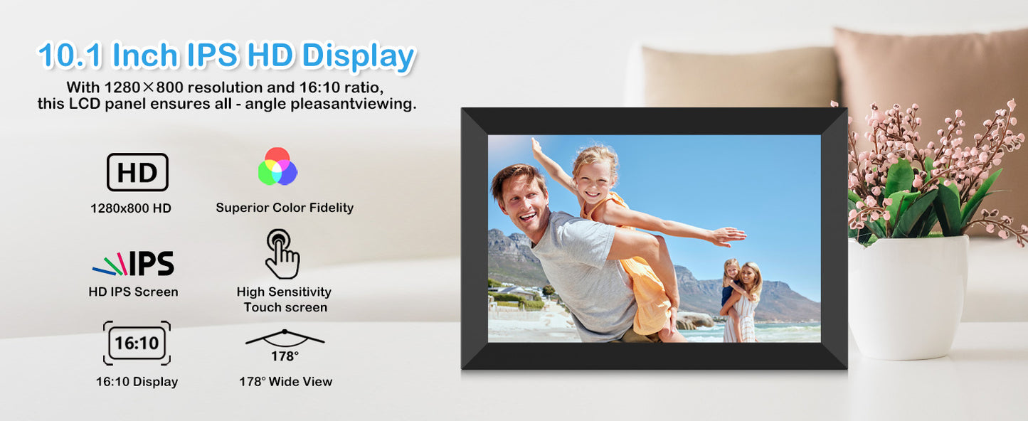SSAWIFIFRAME Digital Photo Frame 10.1 inch WiFi Digital Picture Frame IPS Touch Screen 32GB Storage Auto-Rotate